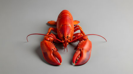 A studio shot of a whole cooked red lobster isolated against a plain grey background. The image highlights the vibrant shell color and texture, representing gourmet seafood cuisine and luxury dining ingredients.の素材