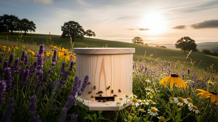 A wooden beehive box stands in a lush meadow surrounded by purple and yellow wildflowers during a golden sunset. Bees are visible near the entrance, with rolling green hills and trees in the peaceful background.の素材