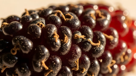 An extreme macro close-up of a ripe mulberry fruit, displaying the intricate texture of its glossy drupelets. The lighting highlights the rich purple and black tones, emphasizing freshness and natural detail.の素材