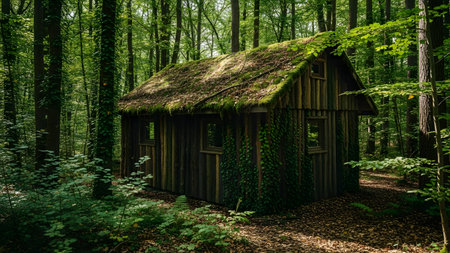 A secluded rustic wooden cabin stands amidst a dense forest with tall trees and lush greenery. The moss-covered roof and vertical timber siding blend harmoniously with the tranquil natural environment.の素材