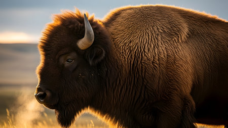 A close-up profile portrait of an American Bison backlit by the warm glow of the setting sun. The golden light highlights the texture of its thick fur and curved horn against a blurred prairie background.の素材