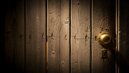 Close-up texture of an old, weathered wooden door with a brass knob and keyhole. A sliver of warm light peeks through a crack in the planks, adding a sense of mystery and age.の素材