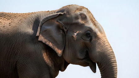 A close-up side profile of an elephant's head, revealing the intricate texture of its wrinkled skin, large ear, and eye. The image captures the wisdom and gentle nature of the massive pachyderm.の素材