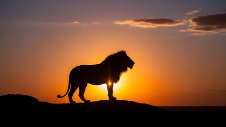 A majestic male lion stands in silhouette on a rock formation with the setting sun bursting behind him. The dramatic lighting and sunburst emphasize the power and regal nature of the king of beasts.の素材