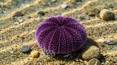 A vibrant purple sea urchin rests on a sandy seabed surrounded by small pebbles and clear water. The underwater close-up reveals the detailed texture of its spines and the natural marine environment.の素材