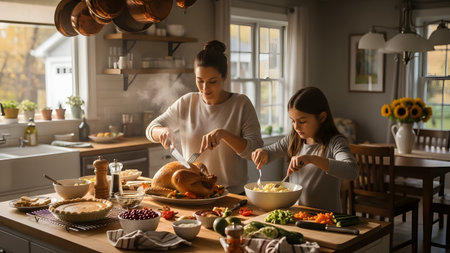 A mother and young daughter carve a roasted turkey together in a warm kitchen, preparing for Thanksgiving dinner. The scene is filled with holiday foods like pie and mashed potatoes, highlighting family bonding.の素材