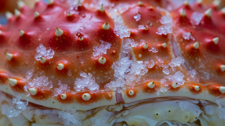 A macro close-up of a red crab shell covered in tiny ice crystals and frost. The detailed image showcases the spiked texture and vivid orange-red color of the frozen seafood delicacy.の素材
