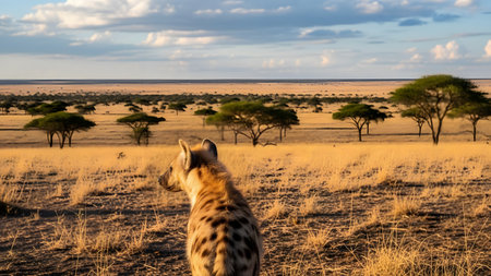 A spotted hyena sits attentively in the dry grass of the African savannah, gazing out over a vast landscape dotted with acacia trees. The golden light highlights the textures of the wilderness and the animal's natural habitat.の素材