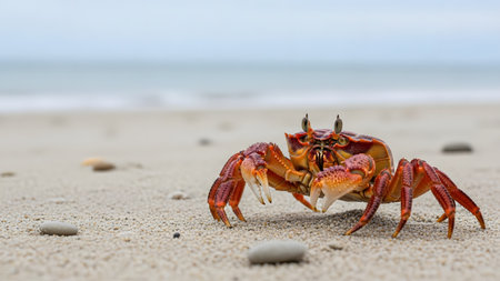 A vibrant red crab stands on the sand of a beach, with the blurred ocean horizon in the background. The close-up shot captures the details of its claws and shell against the coastal environment.の素材