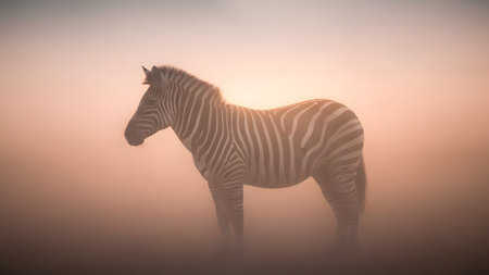 A zebra stands in profile amidst heavy mist during a golden sunrise or sunset. The atmospheric lighting creates a silhouette effect, emphasizing the mystery and beauty of the African wilderness.の素材