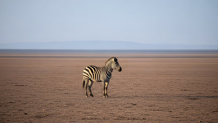 A solitary zebra stands in the middle of a vast, dry desert landscape with a flat horizon. The minimal composition highlights the animal's isolation and the harsh, arid environment of the plains.の素材