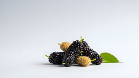 A pile of fresh mulberries, mixing dark ripe berries with pale unripe ones, sits next to a green leaf on a white background. The studio shot highlights the organic texture and natural colors of the fruit.の素材