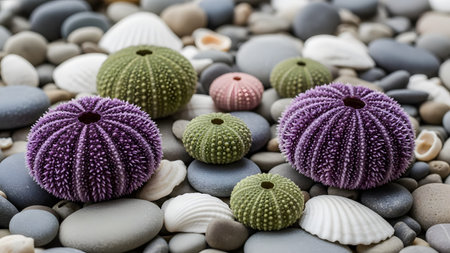 Purple and green sea urchin shells lie scattered among smooth grey stones and white seashells on a beach. The composition highlights the intricate textures and natural patterns of marine life and coastal geology.の素材