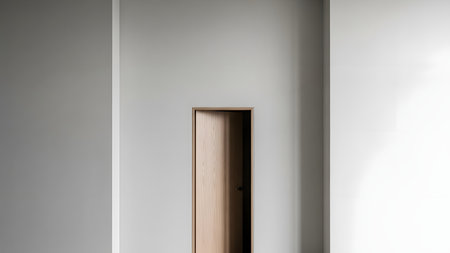 A minimalist interior composition featuring a light wooden door standing slightly ajar against a clean white wall. The interplay of light and shadow adds depth to the simple, modern architectural design.の素材
