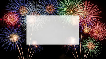 Vibrant colorful fireworks explode on the sides, framing a rectangular white copy space in the center. This design template is perfect for New Year's greetings, party invitations, or holiday announcements.の素材