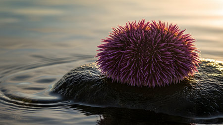 A vibrant purple sea urchin sits on a wet, mossy rock near the water's edge, illuminated by soft sunset light. The macro shot captures the intricate texture of its spines and the serene coastal atmosphere.の素材