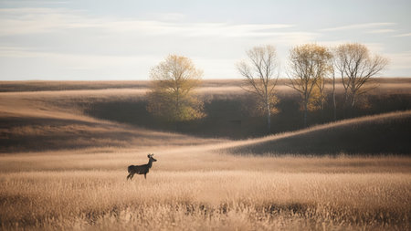 A deer stands alert in a field of tall dry grass with rolling hills and autumn trees in the background. The serene landscape is bathed in the soft light of the golden hour highlighting the natural beauty of the season.の素材