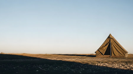 A solitary camping tent is pitched in a vast open field with dry grass. The long shadow cast by the tent suggests a peaceful sunrise or sunset setting for an outdoor adventure.の素材
