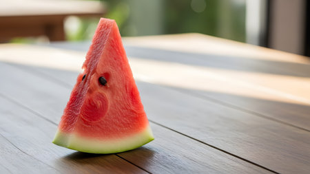 A triangular slice of fresh, ripe red watermelon stands upright on a wooden table, bathed in natural sunlight. The vibrant red fruit with black seeds contrasts beautifully with the warm wood tones and blurred outdoor background.の素材