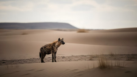 A spotted hyena stands alone in a vast, sandy desert landscape with soft dunes in the background. The wild animal looks alertly to the side, showcasing its patterned fur and rugged adaptation to the arid environment.の素材