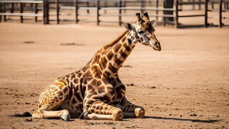 A young giraffe calf sits resting on the sandy ground in an enclosure with a wooden fence in the background. The animal is bathed in sunlight highlighting its distinctive coat pattern.の素材