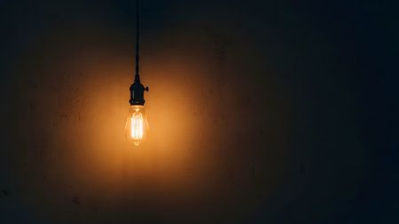A single vintage light bulb hangs illuminated against a dark textured wall. The warm glow of the filament creates a cozy and industrial atmosphere symbolizing ideas and electricity.の素材