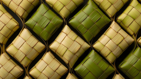 A pattern of traditional Ketupat rice dumplings wrapped in green and yellow woven coconut leaves. This arrangement highlights the cultural significance of the food during Eid celebrations in Southeast Asia.の素材