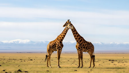 Two giraffes stand close together in a grassy savanna, crossing their necks in a display of affection or social bonding. Snow-capped mountains are visible in the distance, adding a dramatic backdrop to this wildlife scene.の素材