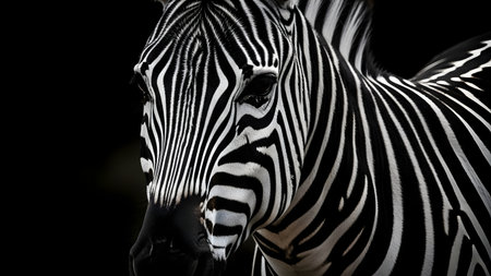 A dramatic close-up portrait of a zebra's face against a black background, highlighting the intricate black and white stripe pattern. The high-contrast lighting emphasizes the texture of the fur and the animal's eye.の素材
