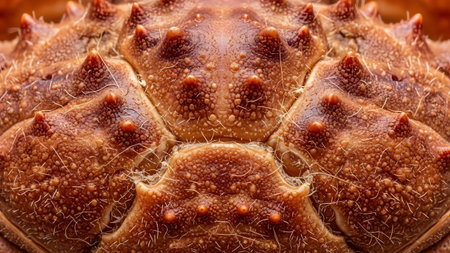 An extreme close-up macro shot of a crab shell, highlighting the intricate texture of bumps and sharp spines. The warm orange and brown tones emphasize the natural pattern and rugged surface of the marine crustacean.の素材