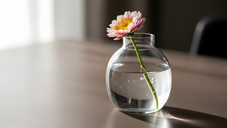 A single pink flower stands in a clear round glass vase filled with water on a wooden table. Sunlight casts long shadows and highlights the bubbles in the water creating a simple and beautiful still life.の素材