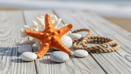 An orange starfish rests on a weathered wooden surface, accompanied by white stones, coral, and a piece of rope. The composition evokes a relaxing beach holiday atmosphere with soft natural lighting.の素材