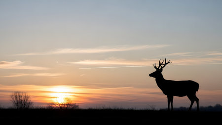 The silhouette of a deer with antlers standing prominently against a dramatic sunset sky. The background features colorful clouds and a jet contrail, creating a serene and artistic wildlife scene at dusk.の素材