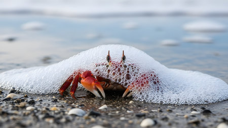 A small red crab is partially submerged in thick white sea foam on a sandy beach. The close-up shot captures the bubbles surrounding the crustacean's eyes and claws, depicting a lively marine moment at the shoreline.の素材