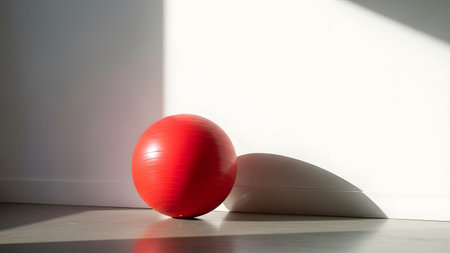 A red exercise ball sits on a smooth floor against a clean white wall, illuminated by natural sunlight that casts a soft shadow. The minimalist composition highlights the fitness equipment's shape and vivid color.の素材