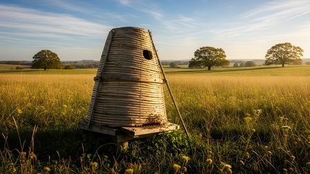 A traditional woven bee skep stands in a golden grassy field, bathed in the warm light of the setting sun. Bees can be seen entering the hive, set against a backdrop of rolling hills and trees, evoking a sense of rural heritage and sustainable agriculture.の素材