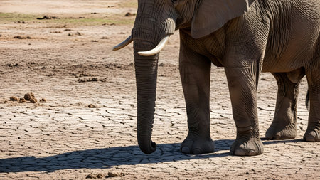 A close-up view of an elephant's legs and trunk standing on dry, cracked earth. The image highlights the harsh environment and the resilience of wildlife during drought conditions in the savanna.の素材