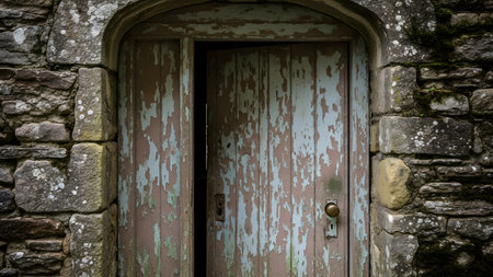 An old, weathered wooden door with peeling paint stands slightly ajar within a rough stone wall. The rustic texture of the decaying wood and the ancient masonry evoke a sense of history, abandonment, and mystery.の素材