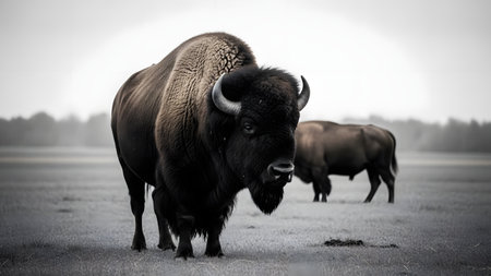 A powerful black and white image of a large American bison standing on a grassy plain. The monochrome style emphasizes the texture of its thick fur and the ruggedness of the animal against a soft, blurred background.の素材