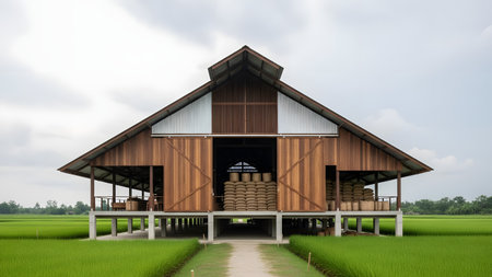 A traditional wooden barn or storage structure stands on stilts in the middle of a lush green rice paddy. Open doors reveal sacks of harvested grain, representing rural agricultural life in Asia.の素材