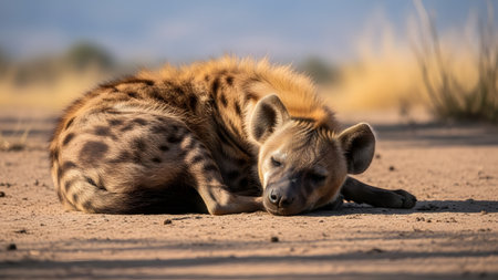 A spotted hyena sleeping curled up on the dry ground of the African savanna. The detailed close-up captures the texture of its fur and the peaceful moment of rest for this wild predator in its natural habitat.の素材