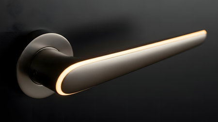A close-up of a sleek, modern door handle featuring an integrated LED light strip glowing in the dark. The minimalist design combines brushed metal with warm lighting, suggesting smart home technology and contemporary interior style.の素材