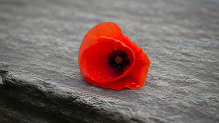 A single vibrant red poppy flower lies on a textured grey stone surface, adorned with fresh water droplets. The image creates a striking contrast between the delicate organic bloom and the rough, cold stone background.の素材