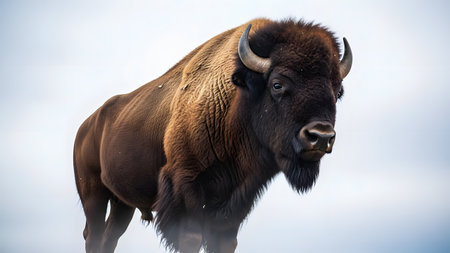 A low-angle shot of a majestic American bison standing proudly against a bright, overcast sky. The image emphasizes the animal's massive hump, thick brown fur, and horns, isolating the subject for a powerful wildlife portrait.の素材