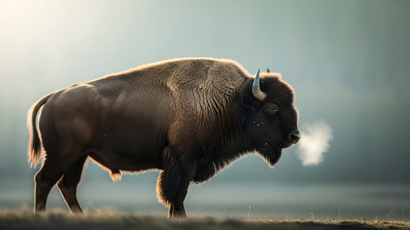 A majestic American bison stands in profile, backlit by the soft morning sun. The cold air causes the animal's breath to form a mist, highlighting its rugged fur and powerful build against a blurred background.の素材