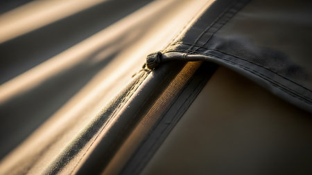 A macro shot detailing the stitching and seams of a camping tent fabric illuminated by warm golden sunlight. The texture of the durable material and the precise construction highlight outdoor equipment quality.の素材