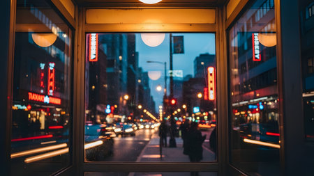 A view of a rainy city street at night seen from inside a shelter or bus stop. The scene features blurred city lights, wet pavement, and the moody atmosphere of an urban environment during a rainstorm.の素材