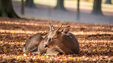 A young deer rests peacefully on a bed of fallen autumn leaves in a sunlit forest park. The animal has its eyes closed, enjoying the warmth of the season, with leaves scattered on its fur.の素材
