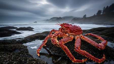 A giant red king crab perched on a wet rocky coastline with crashing ocean waves in the background. The scene depicts a rugged marine environment under a cloudy sky.の素材