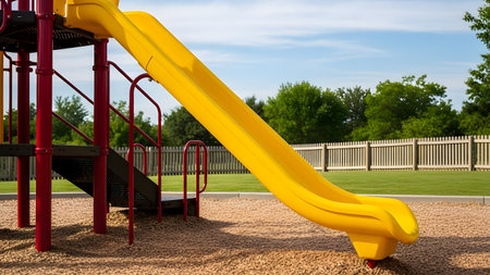 A bright yellow plastic slide with red metal supports on a playground. It is surrounded by wood chips, green grass, and a white fence under a blue sky.の素材